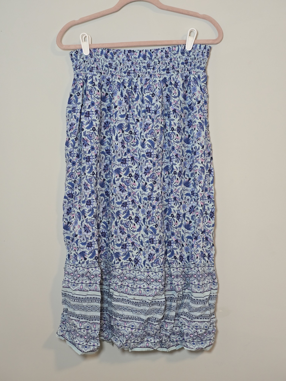 J.Jill Blue Floral Maxi Peasant Skirt Boho Smocked Elastic Waist Tiered M